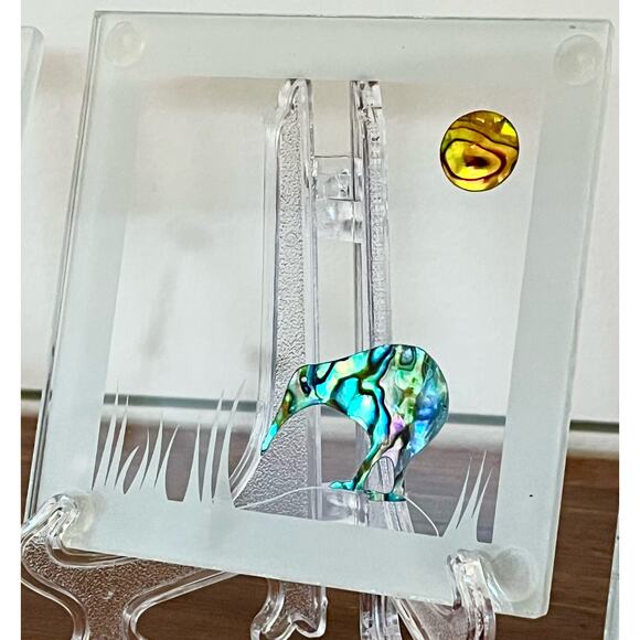 Smashing Glass Kiwi Moon Abalone Coasters Handcrafted New Zealand Box Set of 4 - Picture 3 of 15